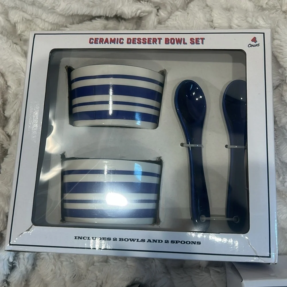 Ceramic Dessert Bowl Set with Spoons Nantucket Blue Stripes New in box